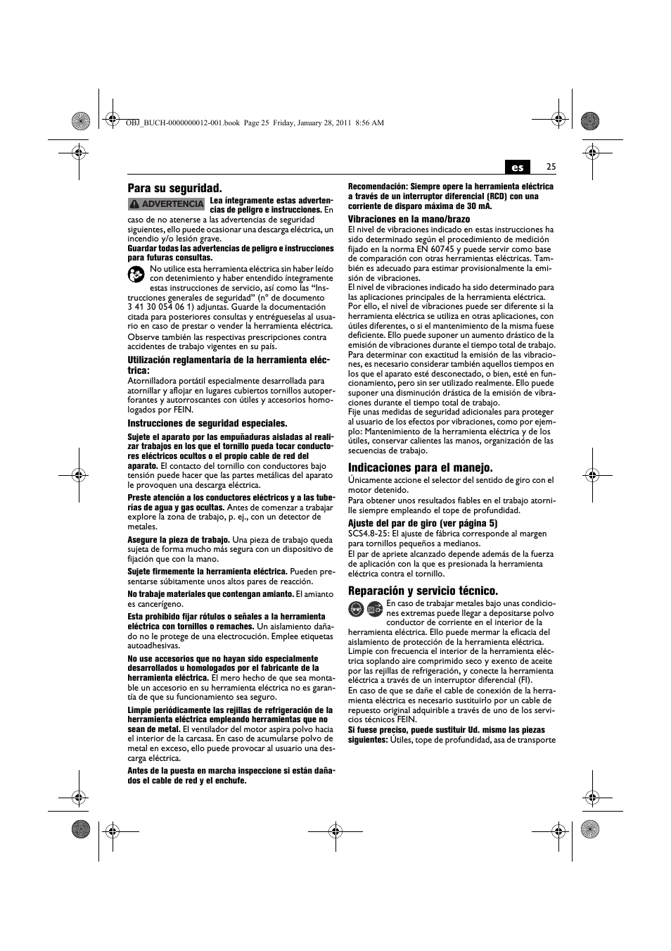 Es para su seguridad, Indicaciones para el manejo, Reparación y servicio técnico | Fein SCS_6.3-19 User Manual | Page 25 / 95
