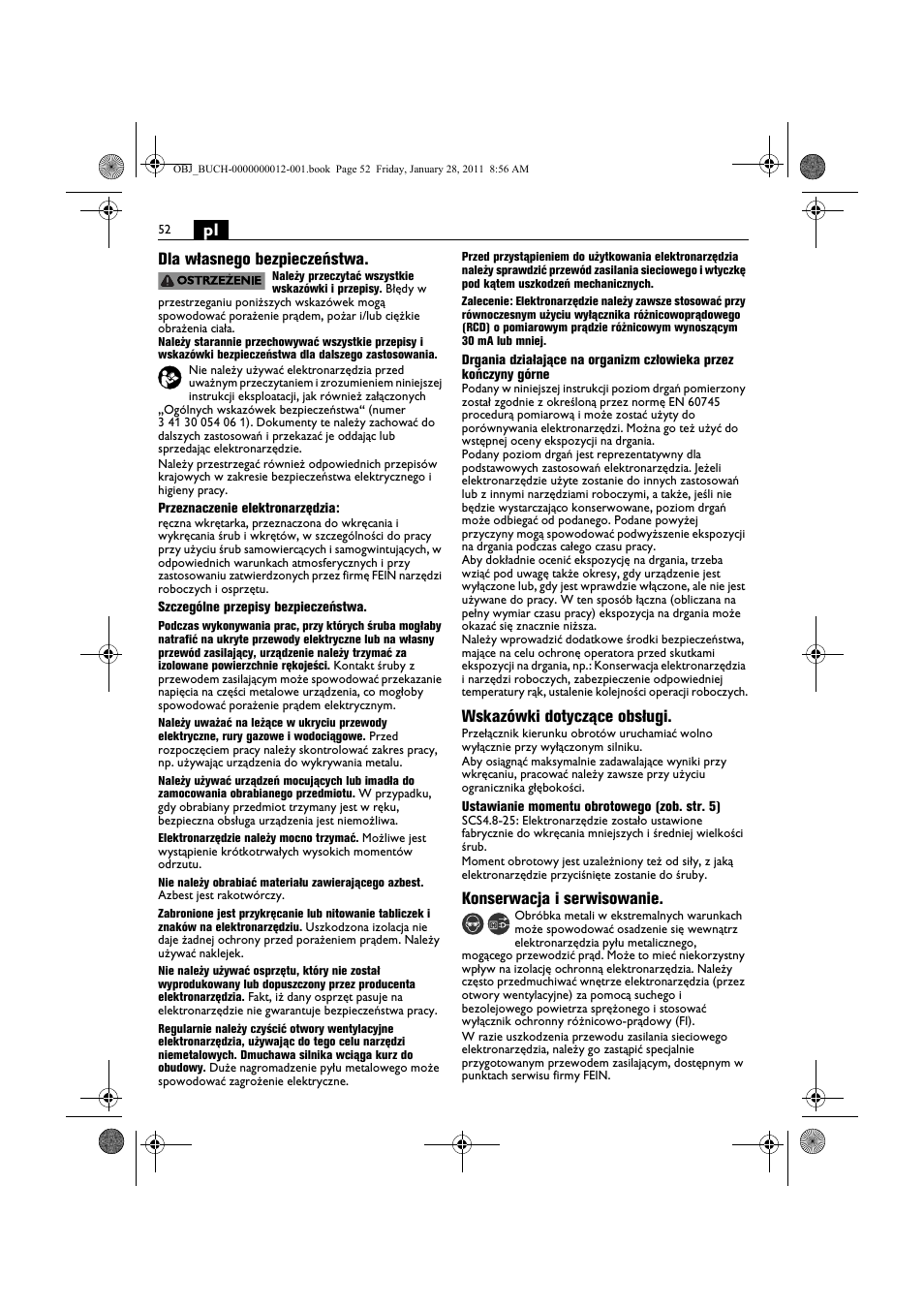 Pl dla własnego bezpieczeństwa, Wskazówki dotyczące obsługi, Konserwacja i serwisowanie | Fein SCS_6.3-19 User Manual | Page 52 / 95