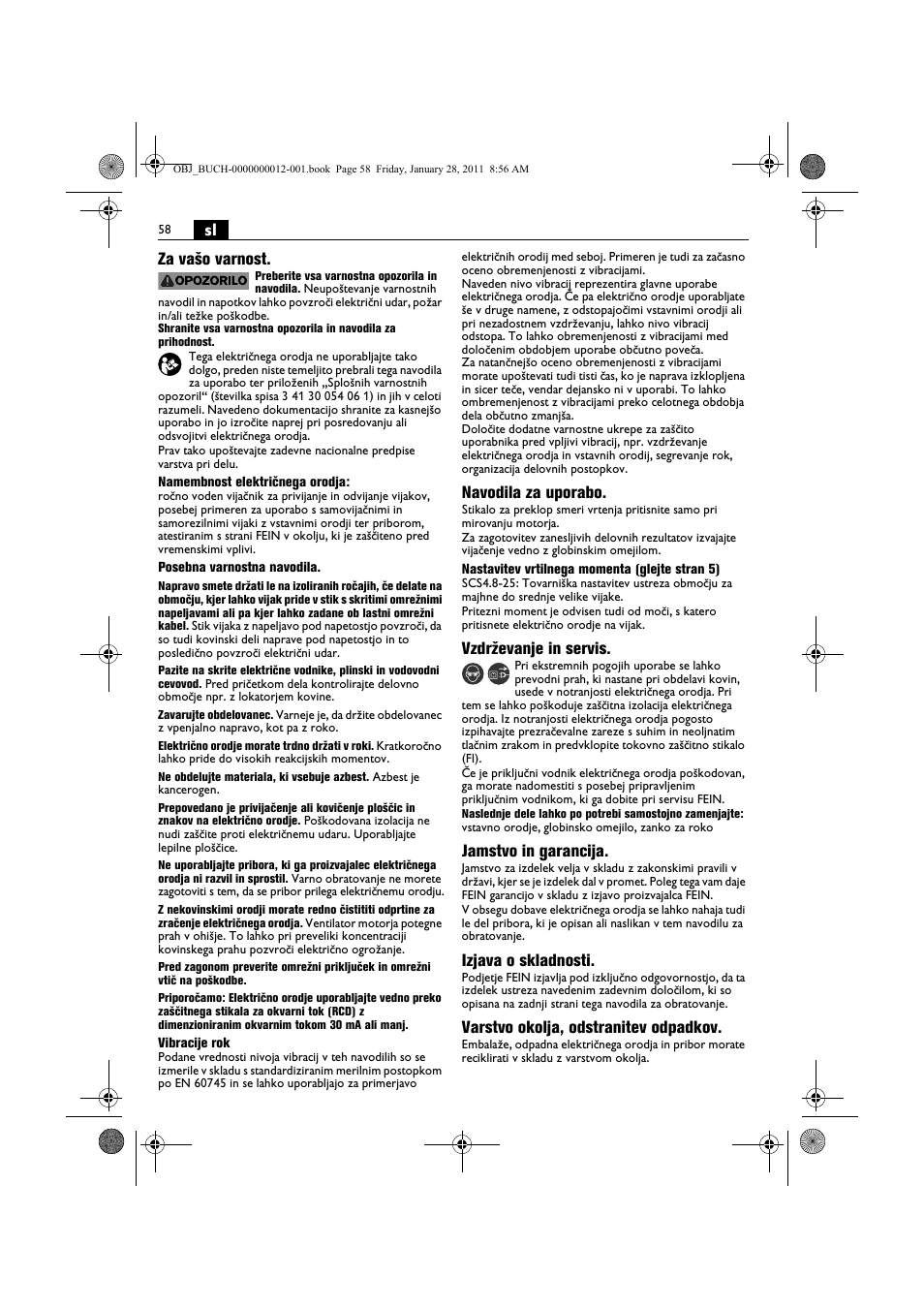 Sl za vašo varnost, Navodila za uporabo, Vzdrževanje in servis | Jamstvo in garancija, Izjava o skladnosti, Varstvo okolja, odstranitev odpadkov | Fein SCS_6.3-19 User Manual | Page 58 / 95