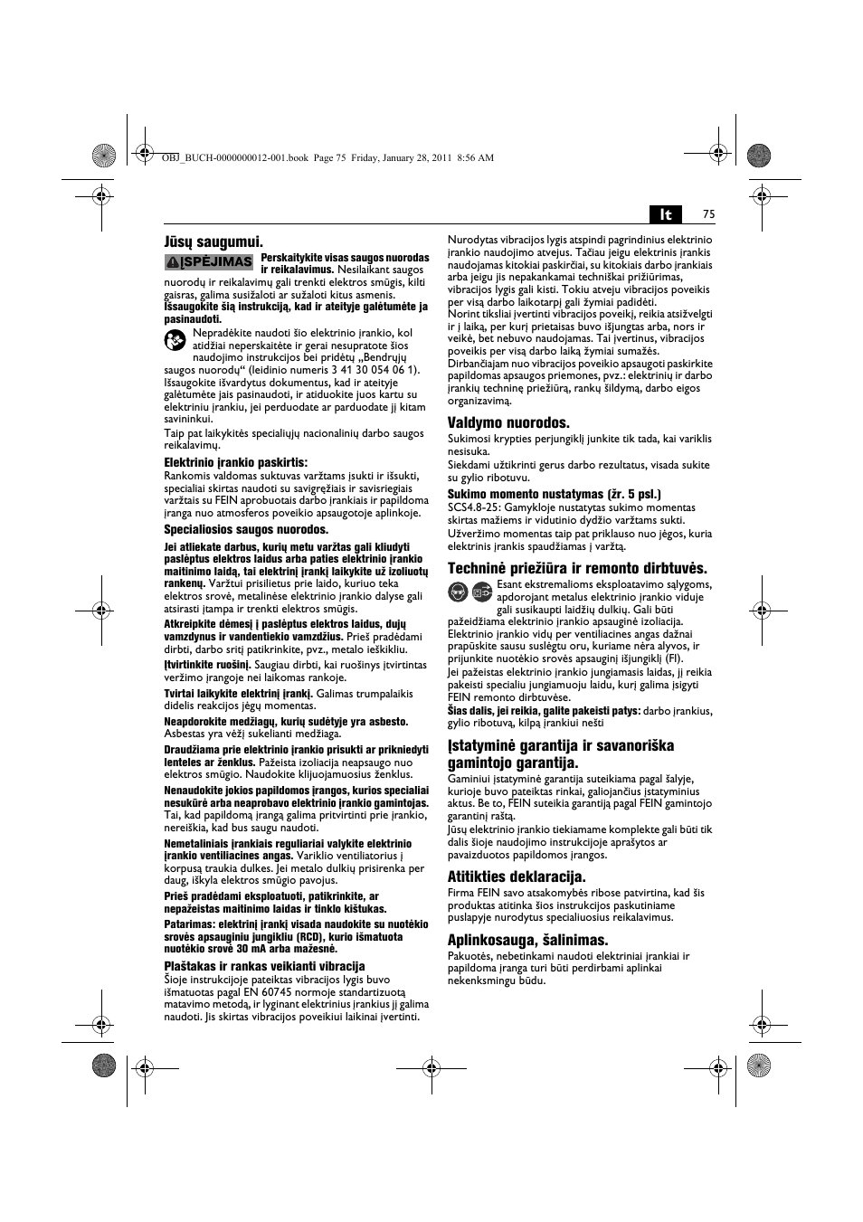 Lt jūsų saugumui, Valdymo nuorodos, Techninė priežiūra ir remonto dirbtuvės | Atitikties deklaracija, Aplinkosauga, šalinimas | Fein SCS_6.3-19 User Manual | Page 75 / 95