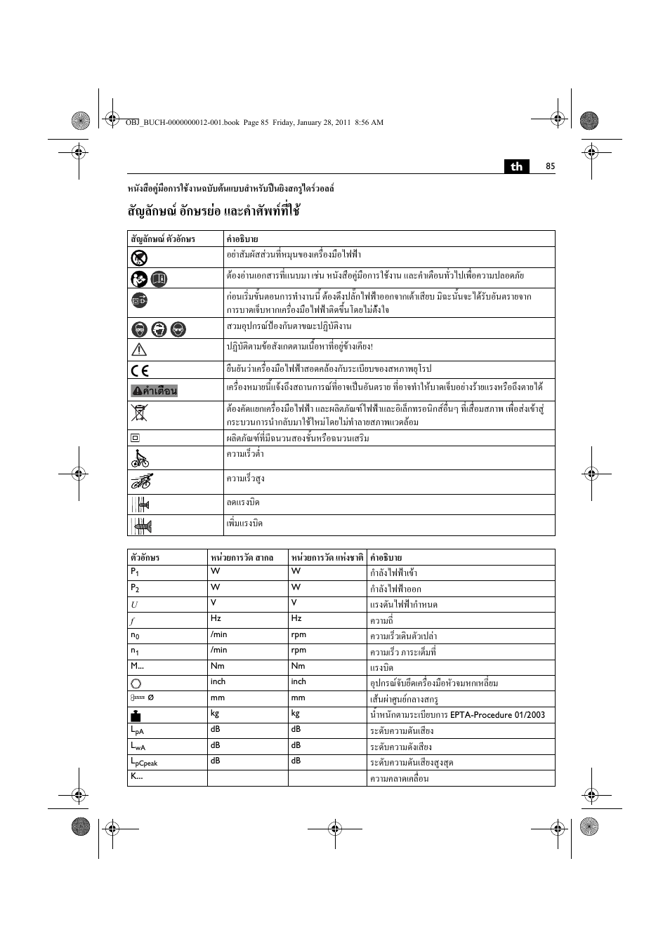 สัญลักษณ อักษรยอ และคําศัพทที่ใช | Fein SCS_6.3-19 User Manual | Page 85 / 95
