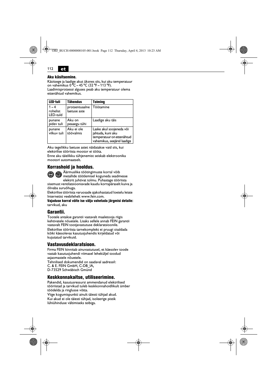 Korrashoid ja hooldus, Garantii, Vastavusdeklaratsioon | Keskkonnakaitse, utiliseerimine | Fein ABS_18C User Manual | Page 112 / 149