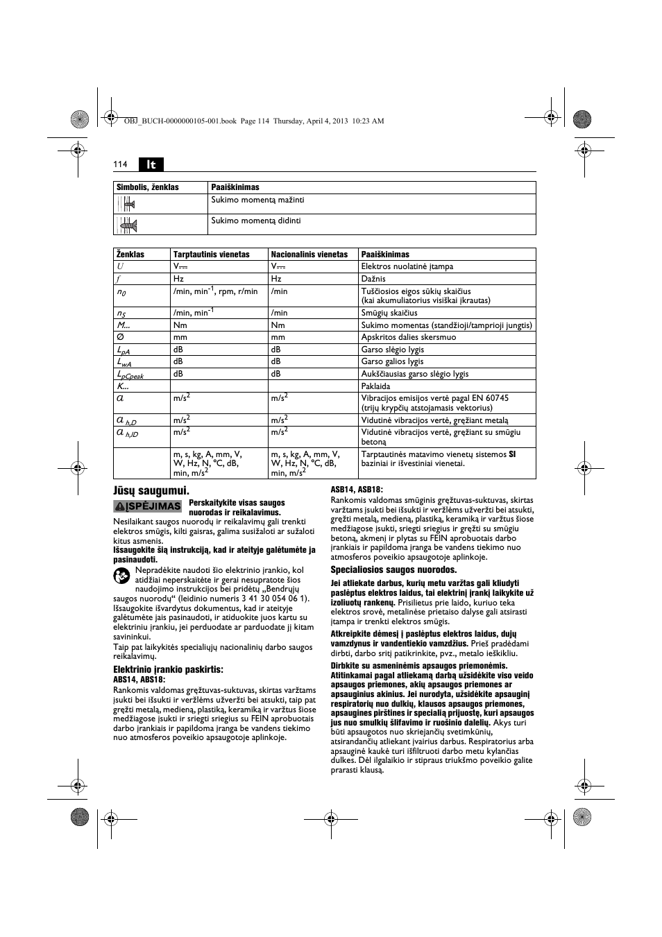 Lt jūsų saugumui | Fein ABS_18C User Manual | Page 114 / 149