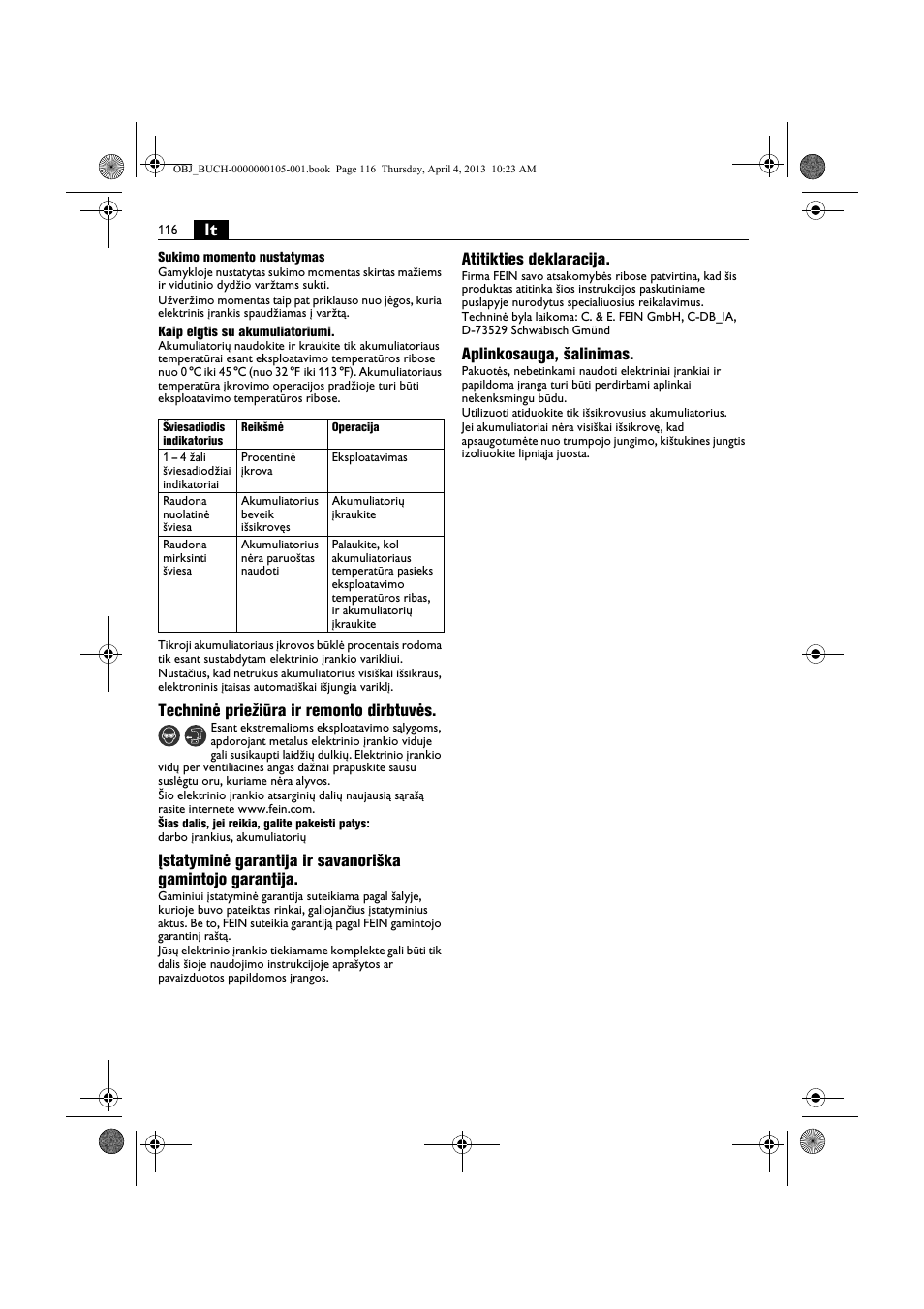 Techninė priežiūra ir remonto dirbtuvės, Atitikties deklaracija, Aplinkosauga, šalinimas | Fein ABS_18C User Manual | Page 116 / 149