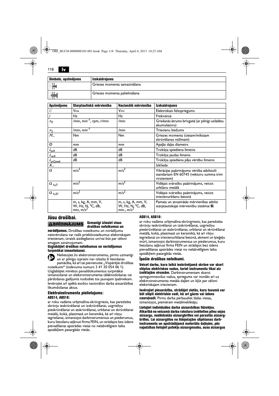 Lv jūsu drošībai | Fein ABS_18C User Manual | Page 118 / 149