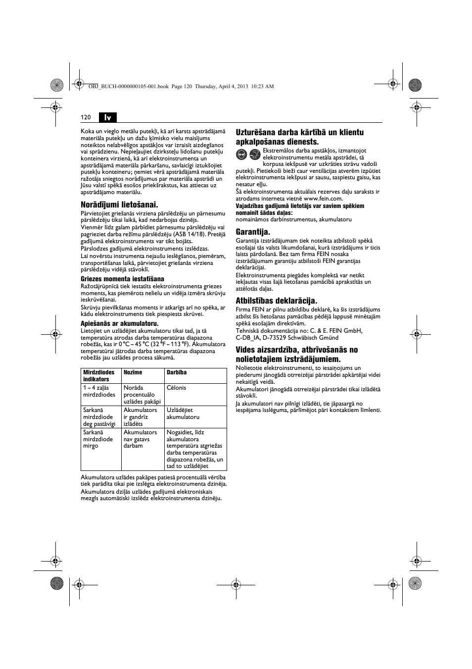 Norādījumi lietošanai, Garantija, Atbilstības deklarācija | Fein ABS_18C User Manual | Page 120 / 149