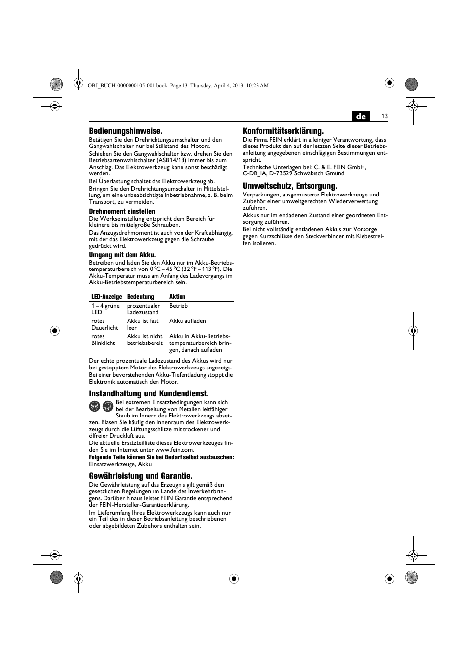 De bedienungshinweise, Instandhaltung und kundendienst, Gewährleistung und garantie | Konformitätserklärung, Umweltschutz, entsorgung | Fein ABS_18C User Manual | Page 13 / 149