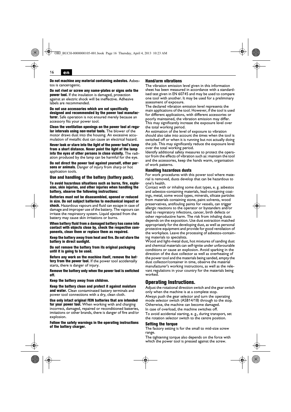 Operating instructions | Fein ABS_18C User Manual | Page 16 / 149