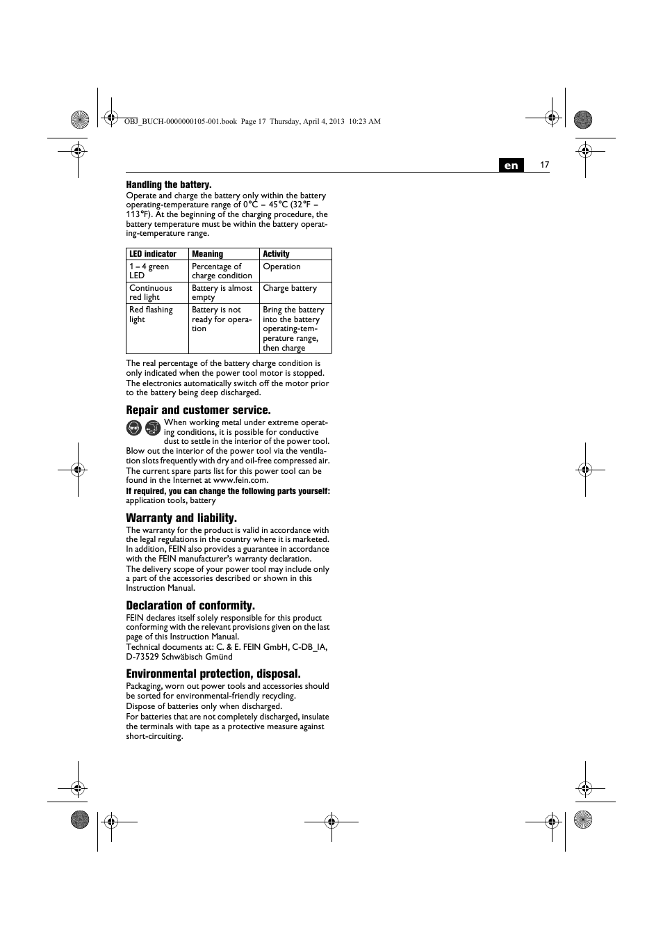 Repair and customer service, Warranty and liability, Declaration of conformity | Environmental protection, disposal | Fein ABS_18C User Manual | Page 17 / 149