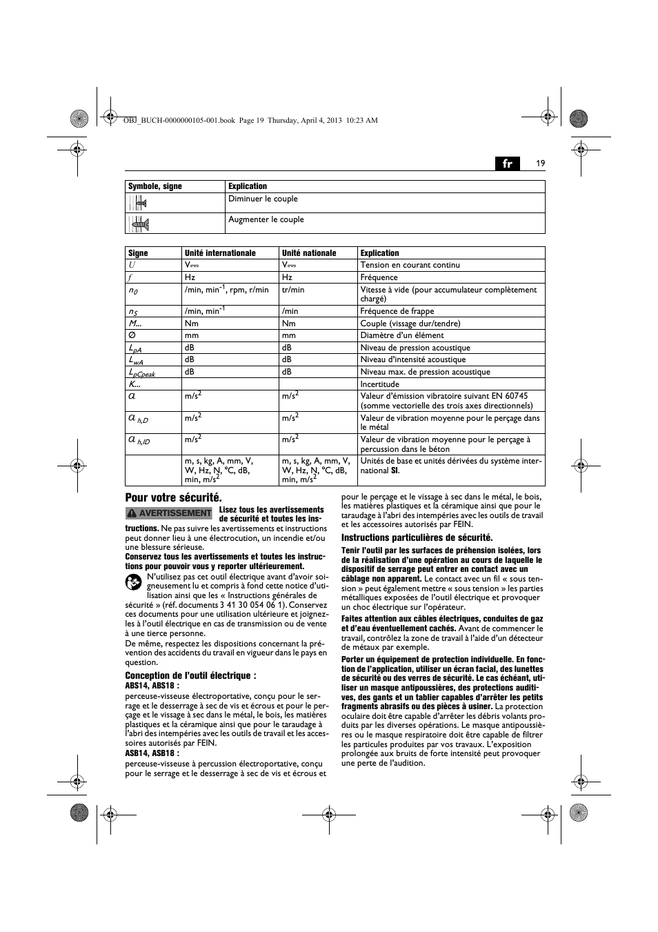 Fr pour votre sécurité | Fein ABS_18C User Manual | Page 19 / 149