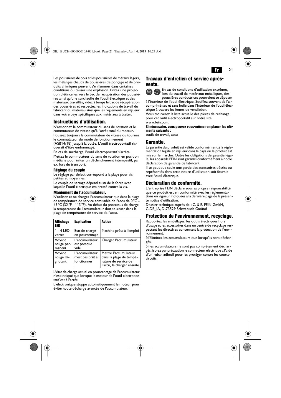 Instructions d’utilisation, Travaux d’entretien et service après- vente, Garantie | Déclaration de conformité, Protection de l’environnement, recyclage | Fein ABS_18C User Manual | Page 21 / 149
