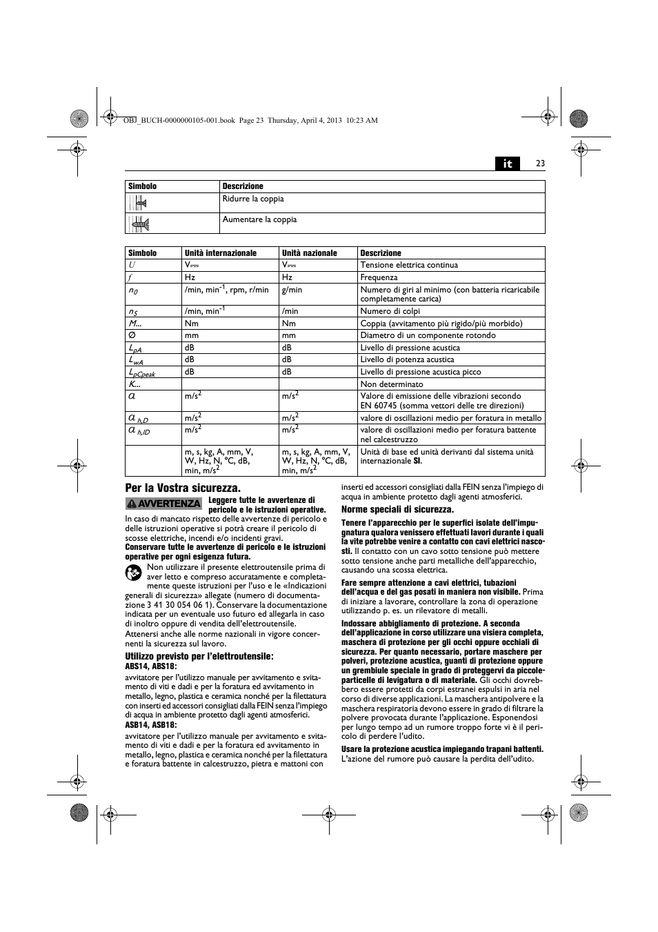 It per la vostra sicurezza | Fein ABS_18C User Manual | Page 23 / 149