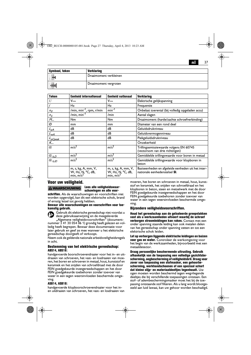 Nl voor uw veiligheid | Fein ABS_18C User Manual | Page 27 / 149