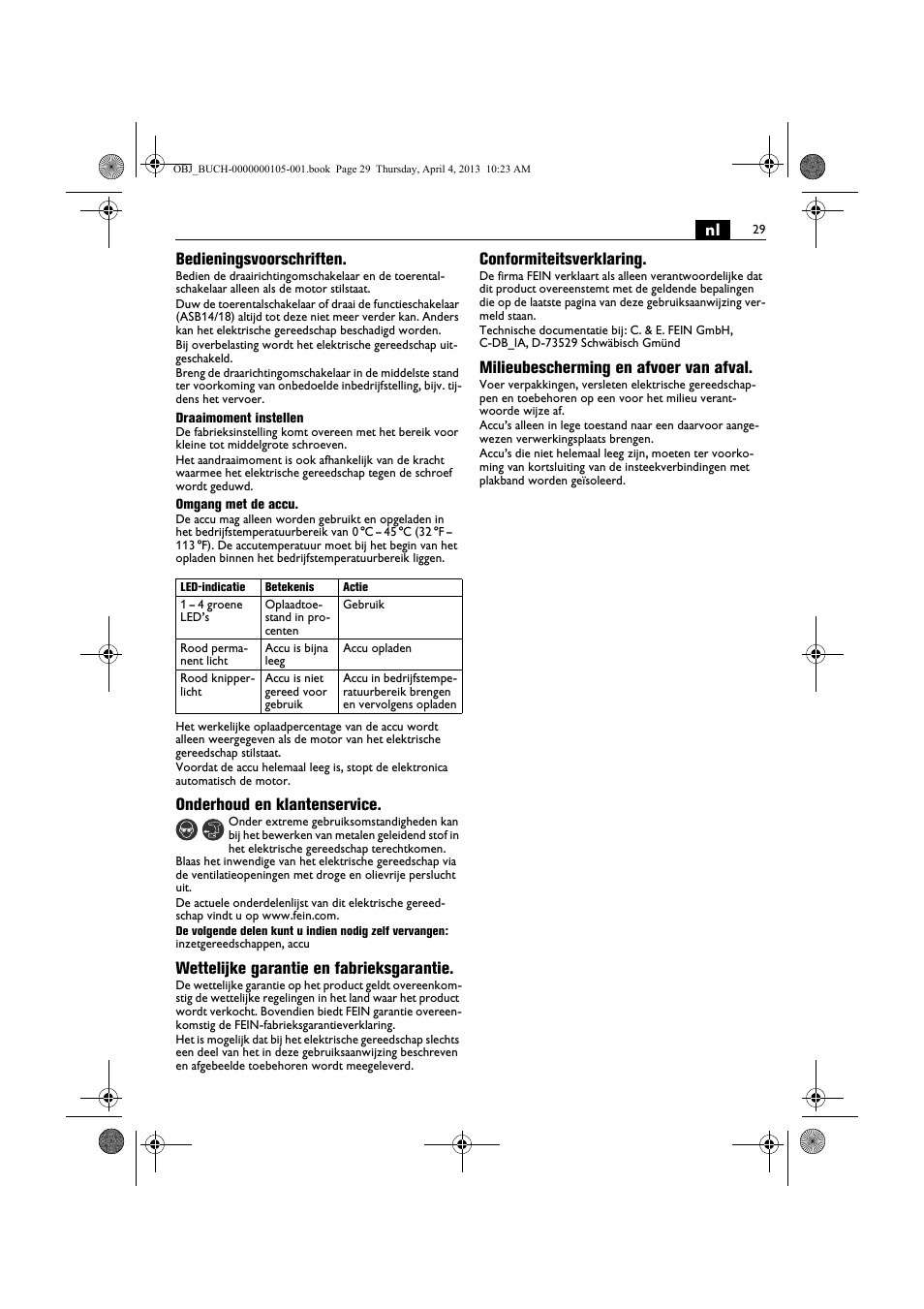 Nl bedieningsvoorschriften, Onderhoud en klantenservice, Wettelijke garantie en fabrieksgarantie | Conformiteitsverklaring, Milieubescherming en afvoer van afval | Fein ABS_18C User Manual | Page 29 / 149