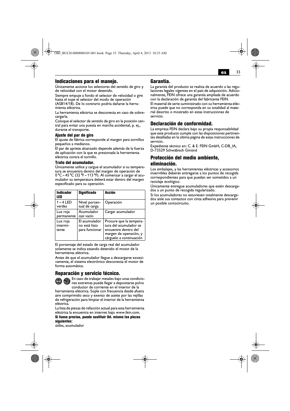 Es indicaciones para el manejo, Reparación y servicio técnico, Garantía | Declaración de conformidad, Protección del medio ambiente, eliminación | Fein ABS_18C User Manual | Page 33 / 149