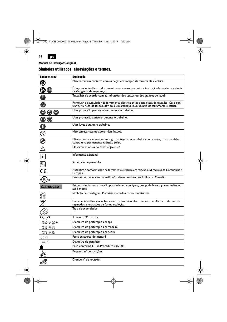 Símbolos utilizados, abreviações e termos | Fein ABS_18C User Manual | Page 34 / 149