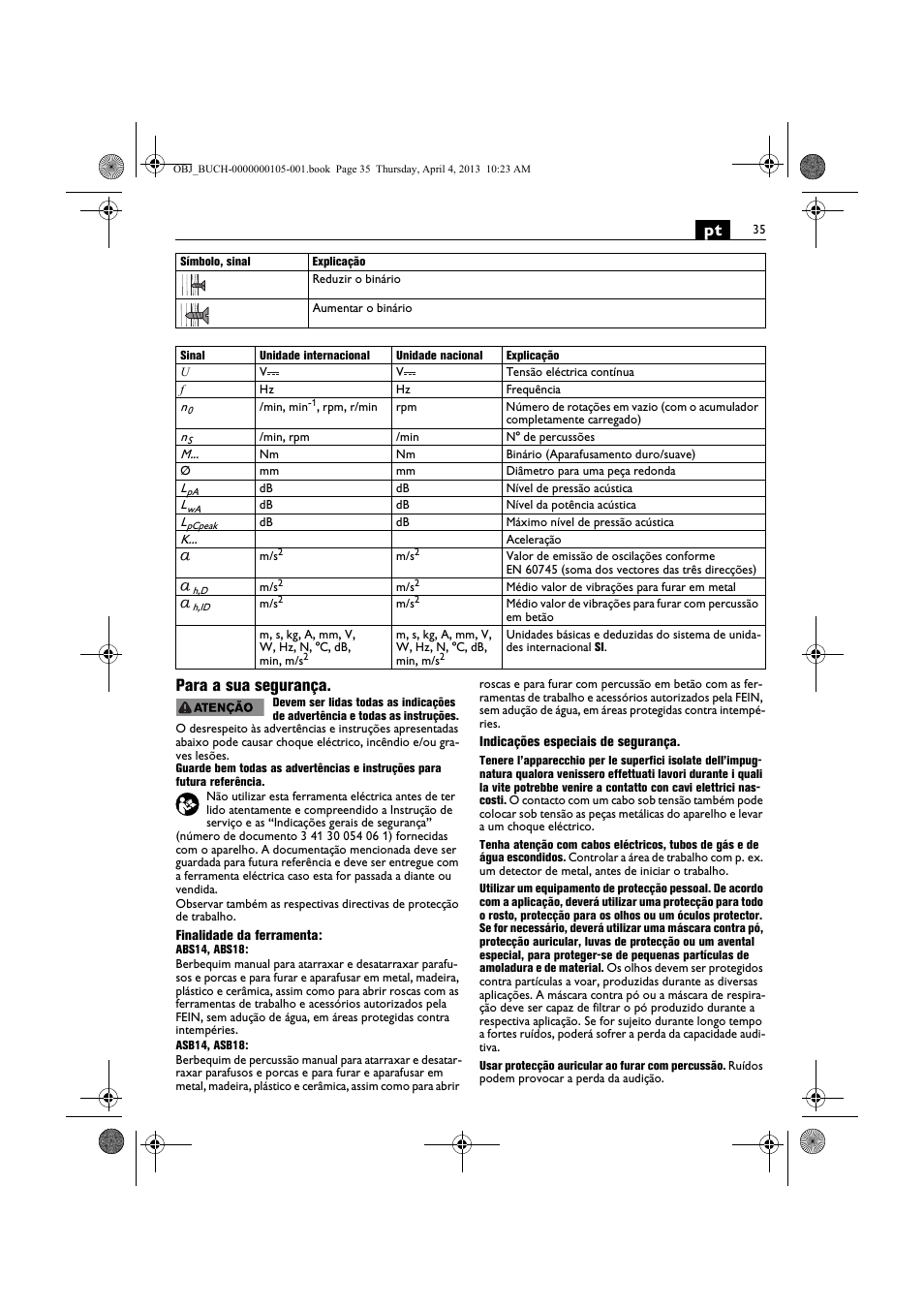 Pt para a sua segurança | Fein ABS_18C User Manual | Page 35 / 149