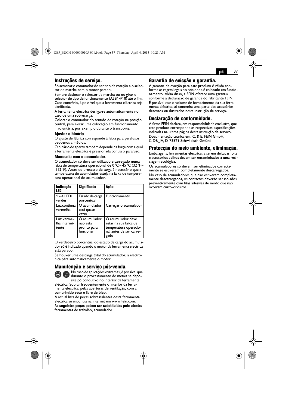 Pt instruções de serviço, Manutenção e serviço pós-venda, Garantia de evicção e garantia | Declaração de conformidade, Protecção do meio ambiente, eliminação | Fein ABS_18C User Manual | Page 37 / 149