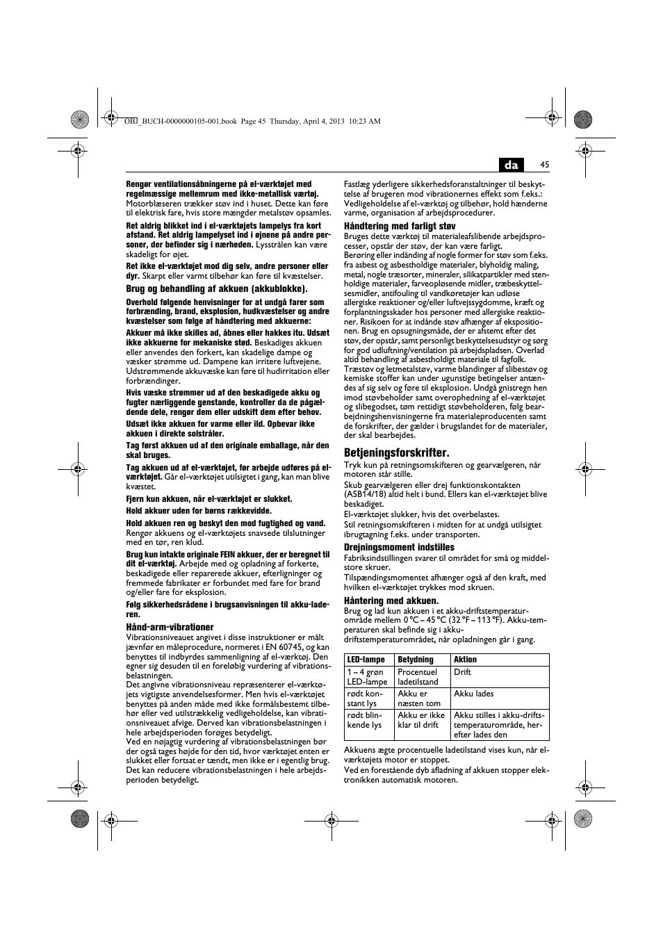 Betjeningsforskrifter | Fein ABS_18C User Manual | Page 45 / 149