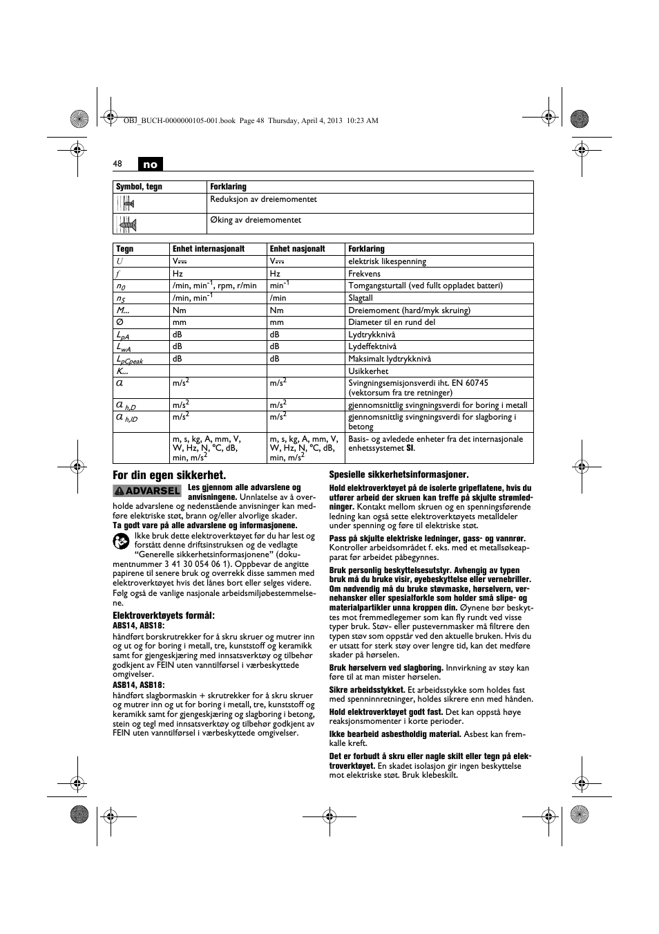 No for din egen sikkerhet | Fein ABS_18C User Manual | Page 48 / 149