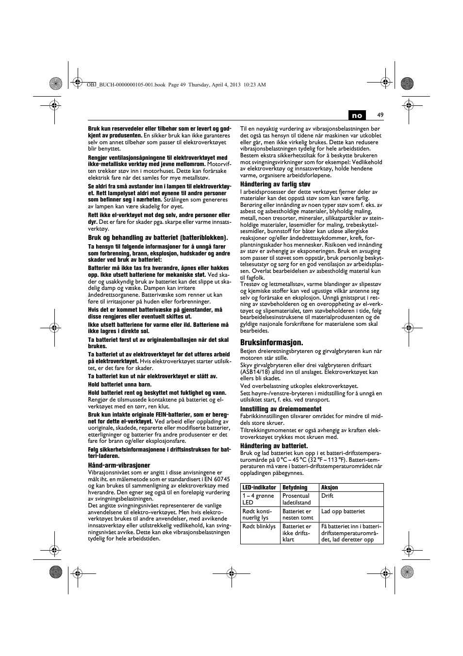 Bruksinformasjon | Fein ABS_18C User Manual | Page 49 / 149