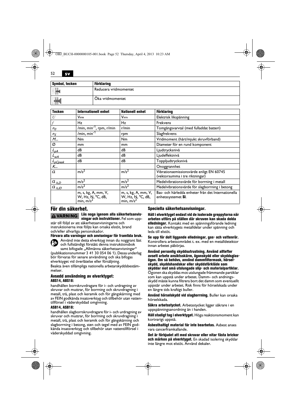 Sv för din säkerhet | Fein ABS_18C User Manual | Page 52 / 149