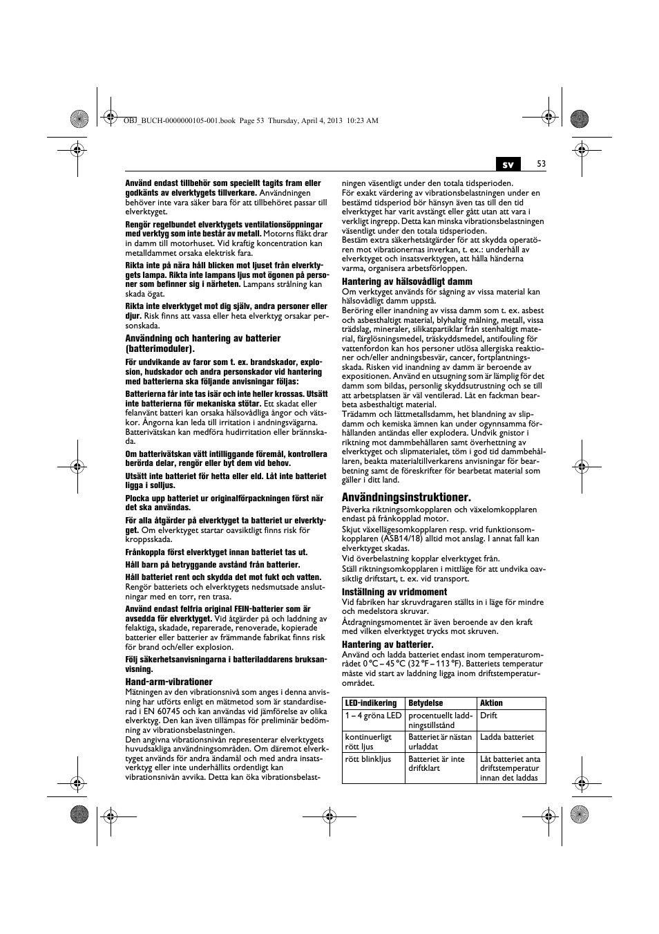 Användningsinstruktioner | Fein ABS_18C User Manual | Page 53 / 149