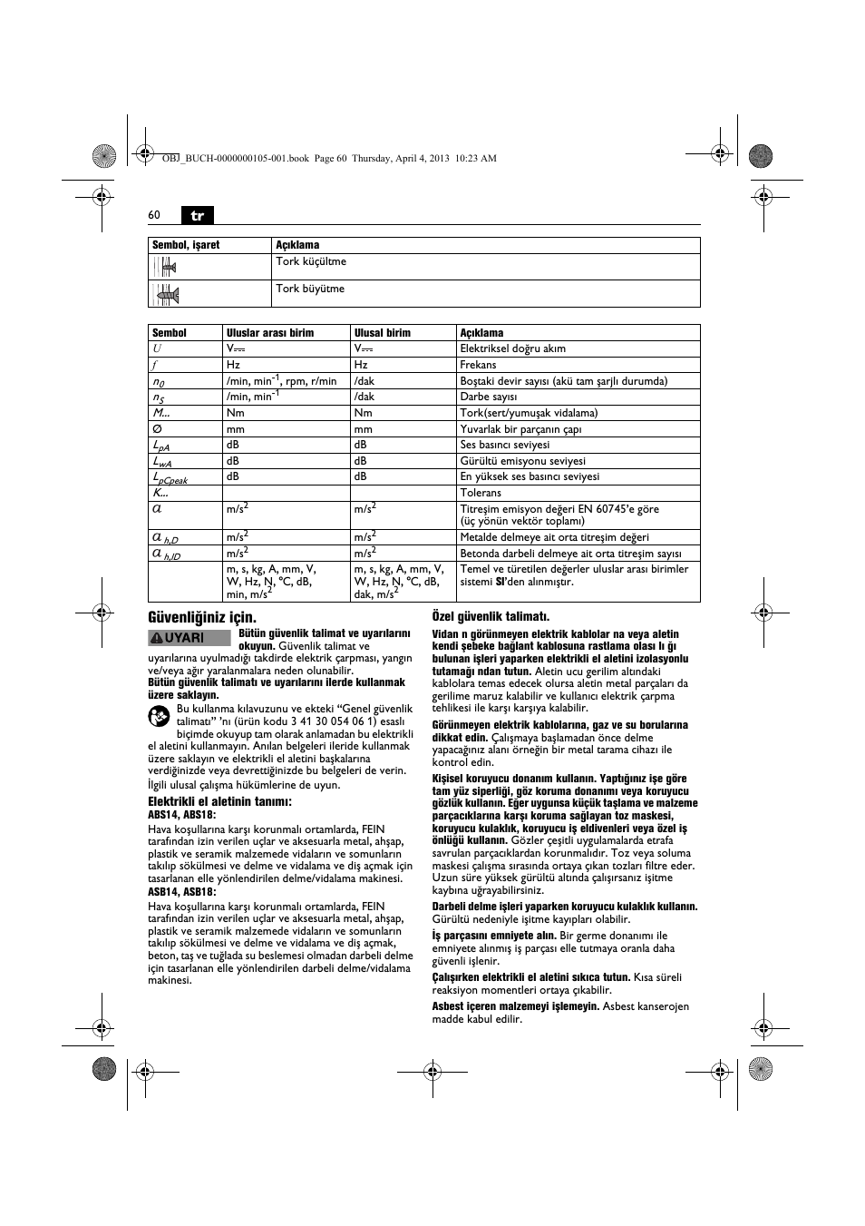 Tr güvenliğiniz için | Fein ABS_18C User Manual | Page 60 / 149