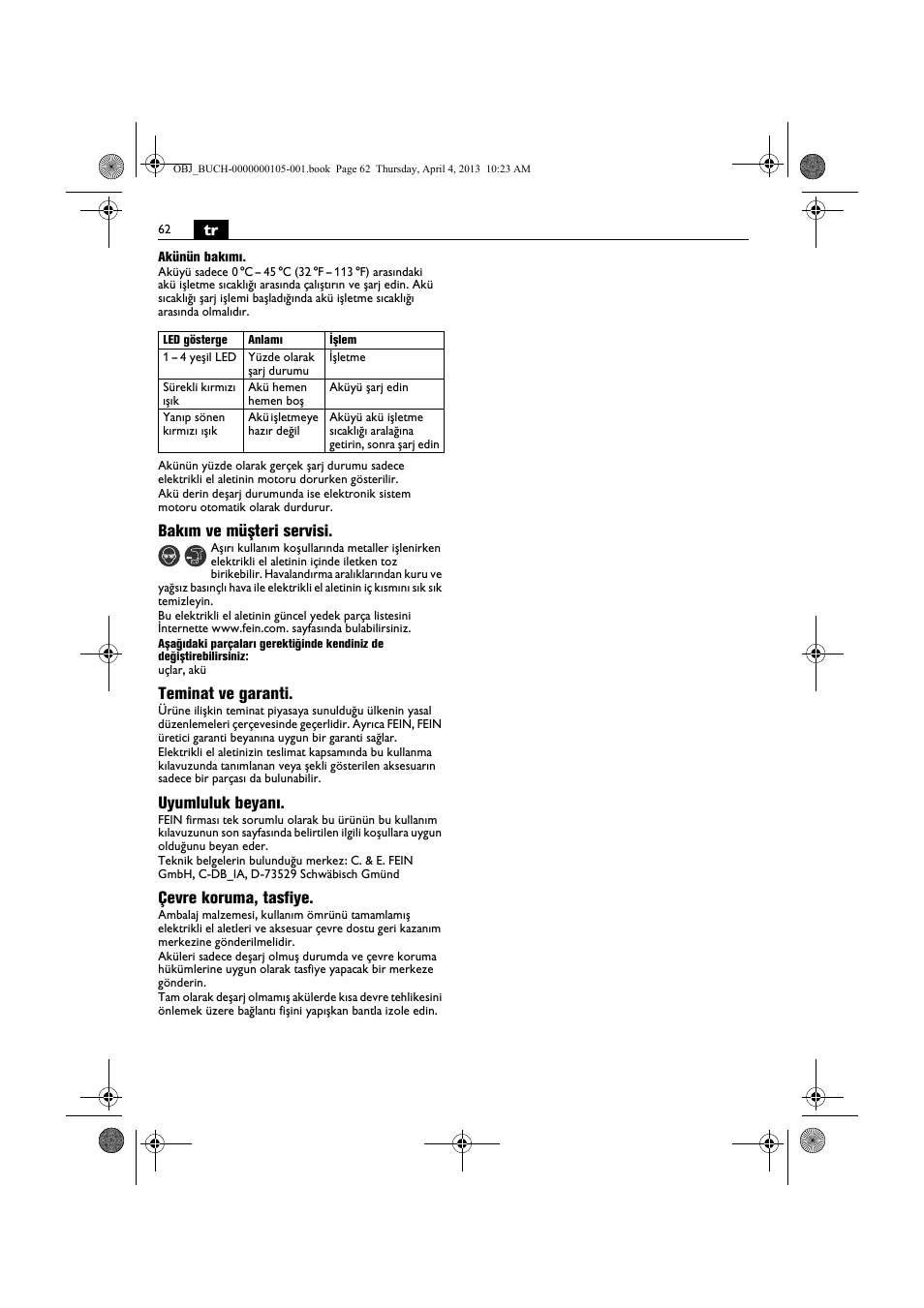 Bakım ve müşteri servisi, Teminat ve garanti, Uyumluluk beyanı | Çevre koruma, tasfiye | Fein ABS_18C User Manual | Page 62 / 149