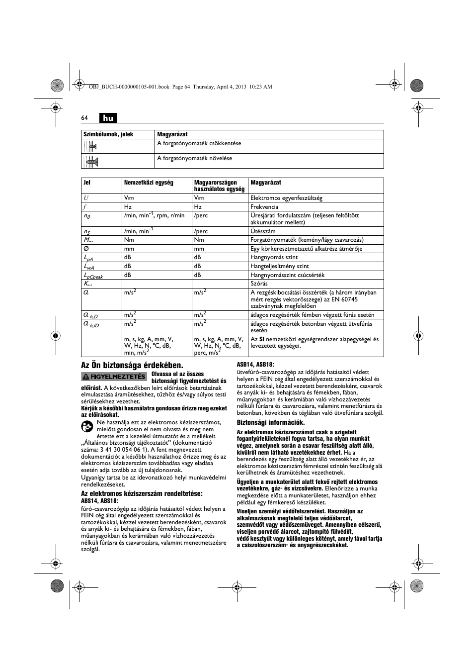 Hu az ön biztonsága érdekében | Fein ABS_18C User Manual | Page 64 / 149