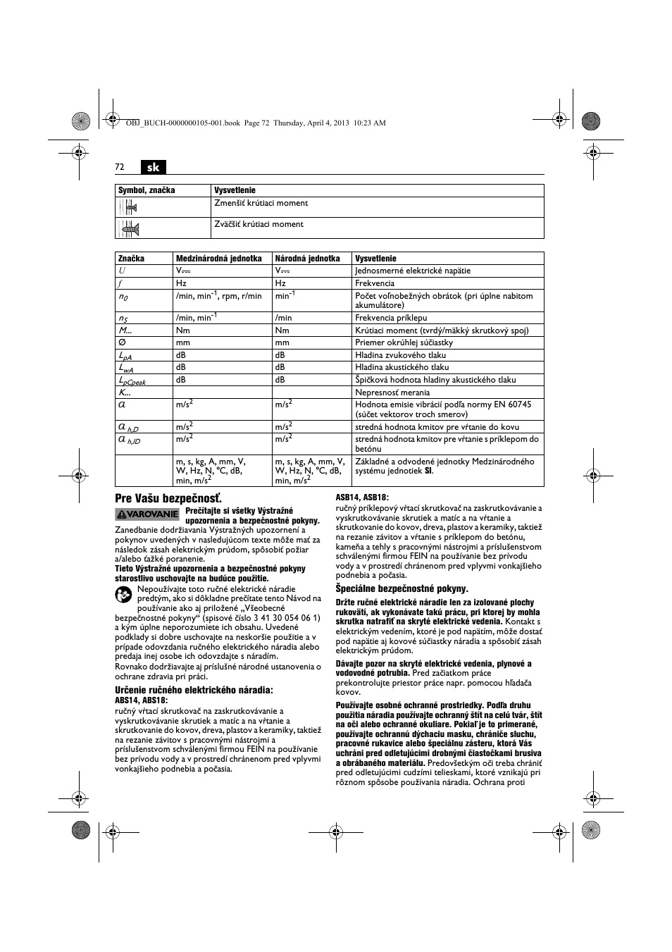 Sk pre vašu bezpečnosť | Fein ABS_18C User Manual | Page 72 / 149