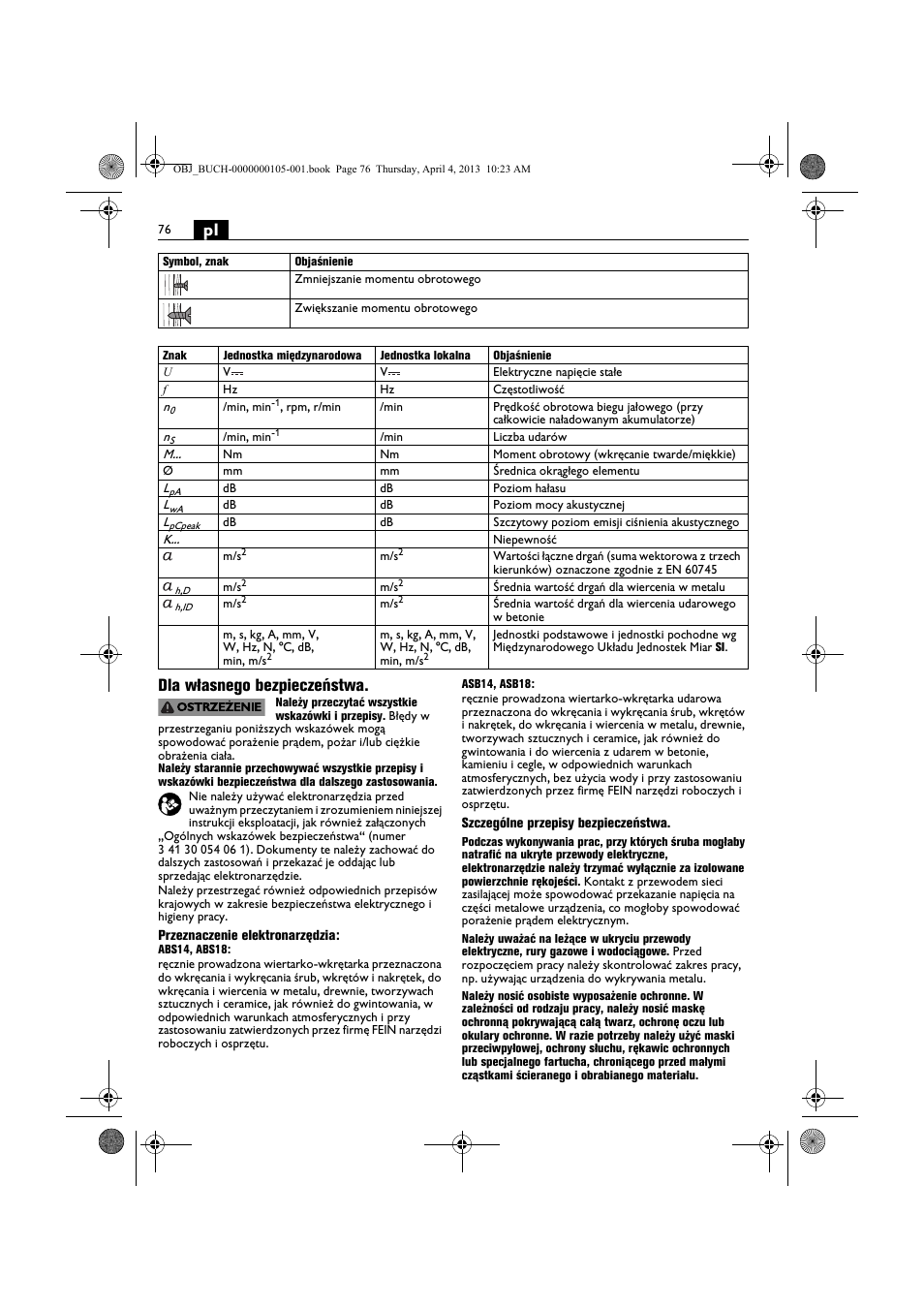 Pl dla własnego bezpieczeństwa | Fein ABS_18C User Manual | Page 76 / 149