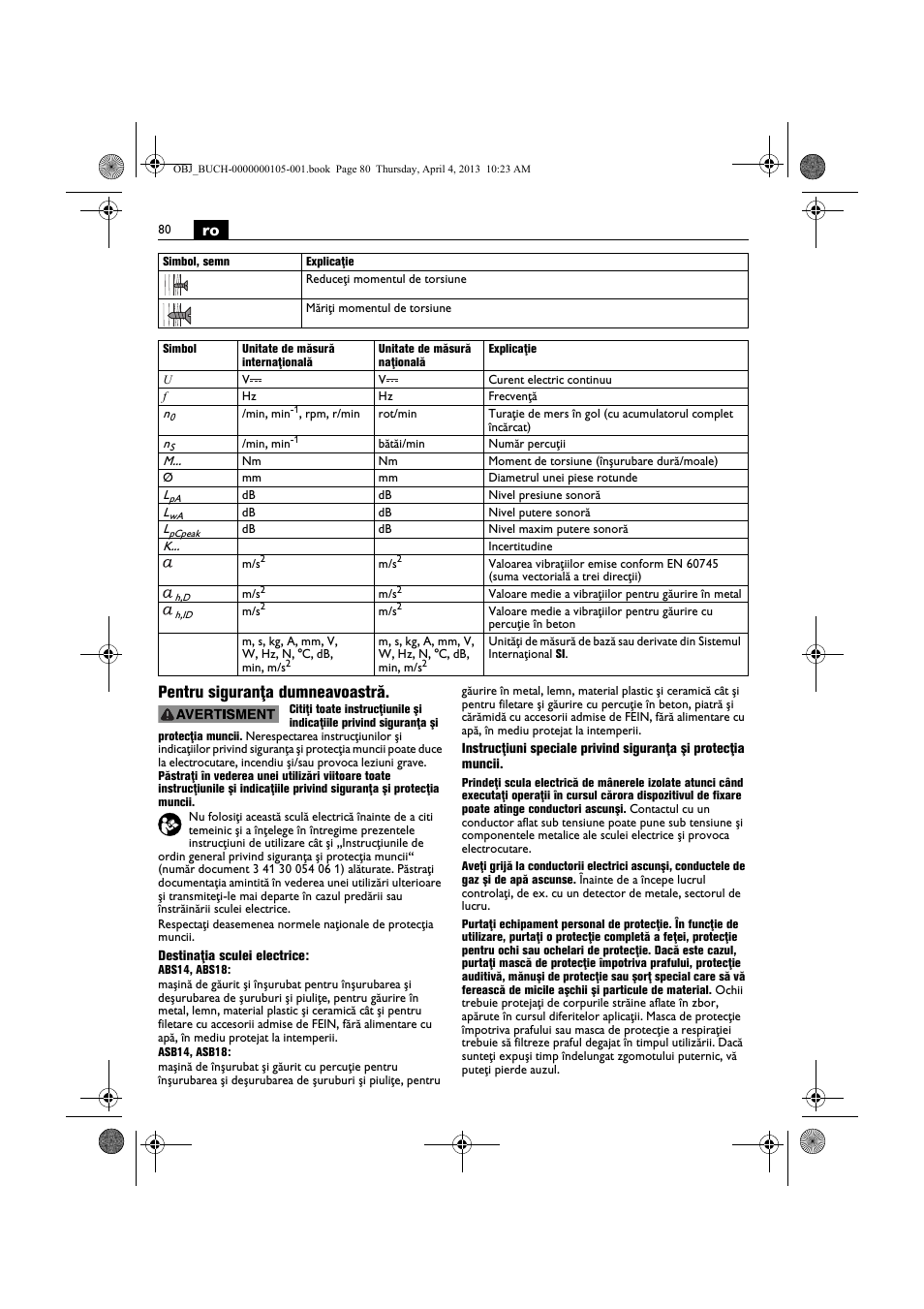 Ro pentru siguranţa dumneavoastră | Fein ABS_18C User Manual | Page 80 / 149