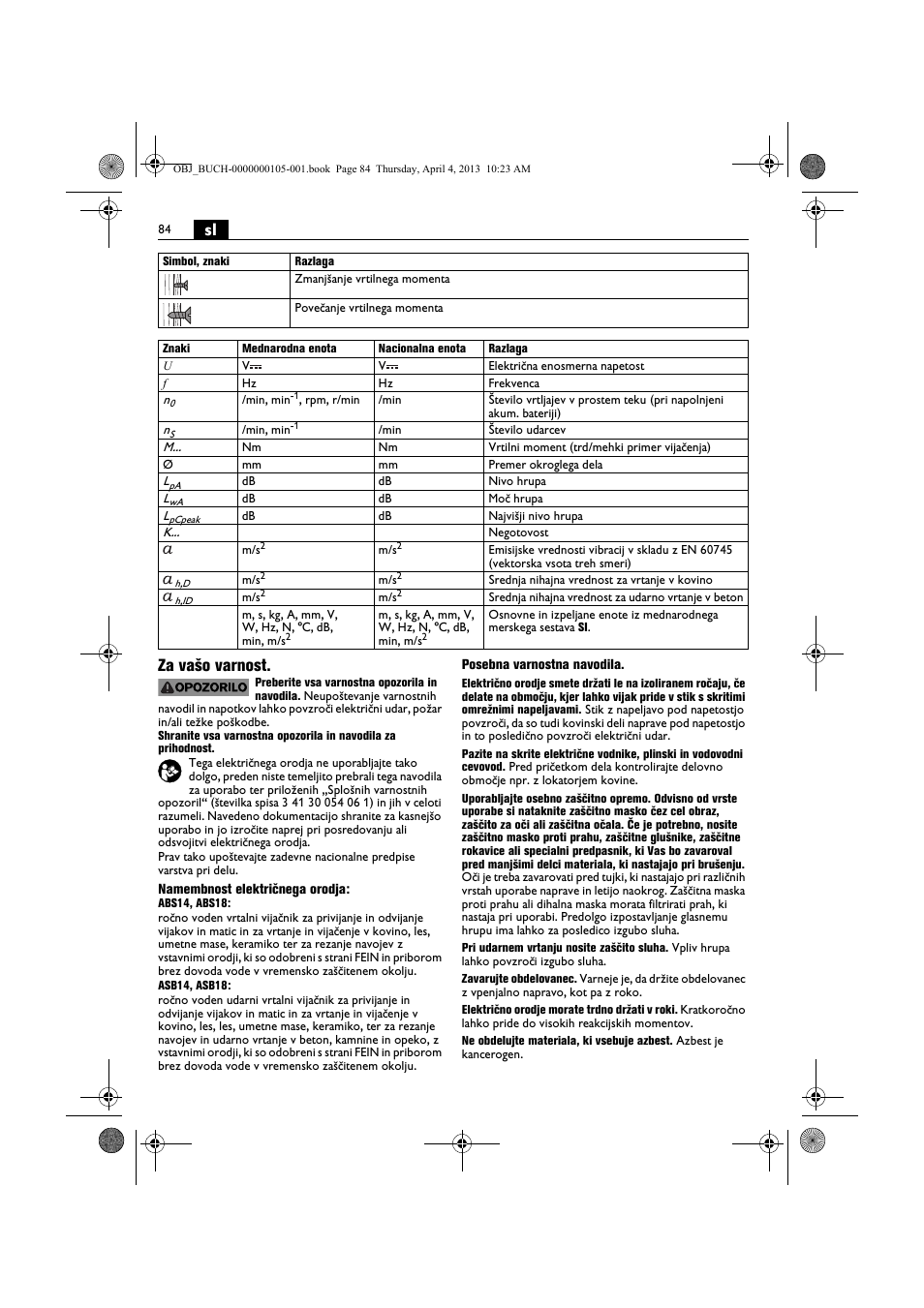 Sl za vašo varnost | Fein ABS_18C User Manual | Page 84 / 149