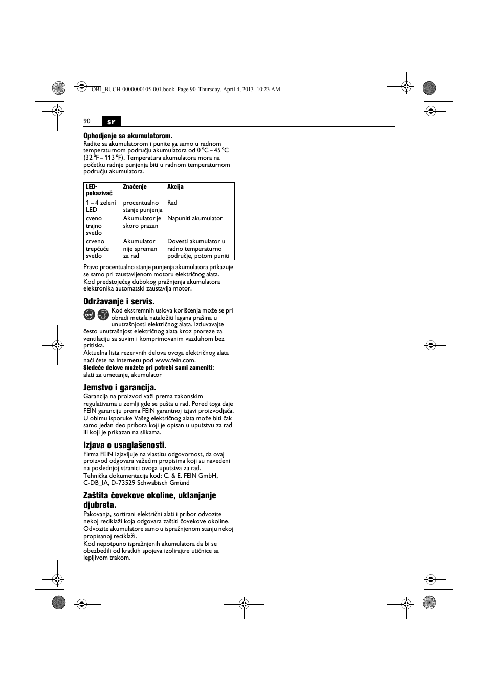 Održavanje i servis, Jemstvo i garancija, Izjava o usaglašenosti | Zaštita čovekove okoline, uklanjanje djubreta | Fein ABS_18C User Manual | Page 90 / 149