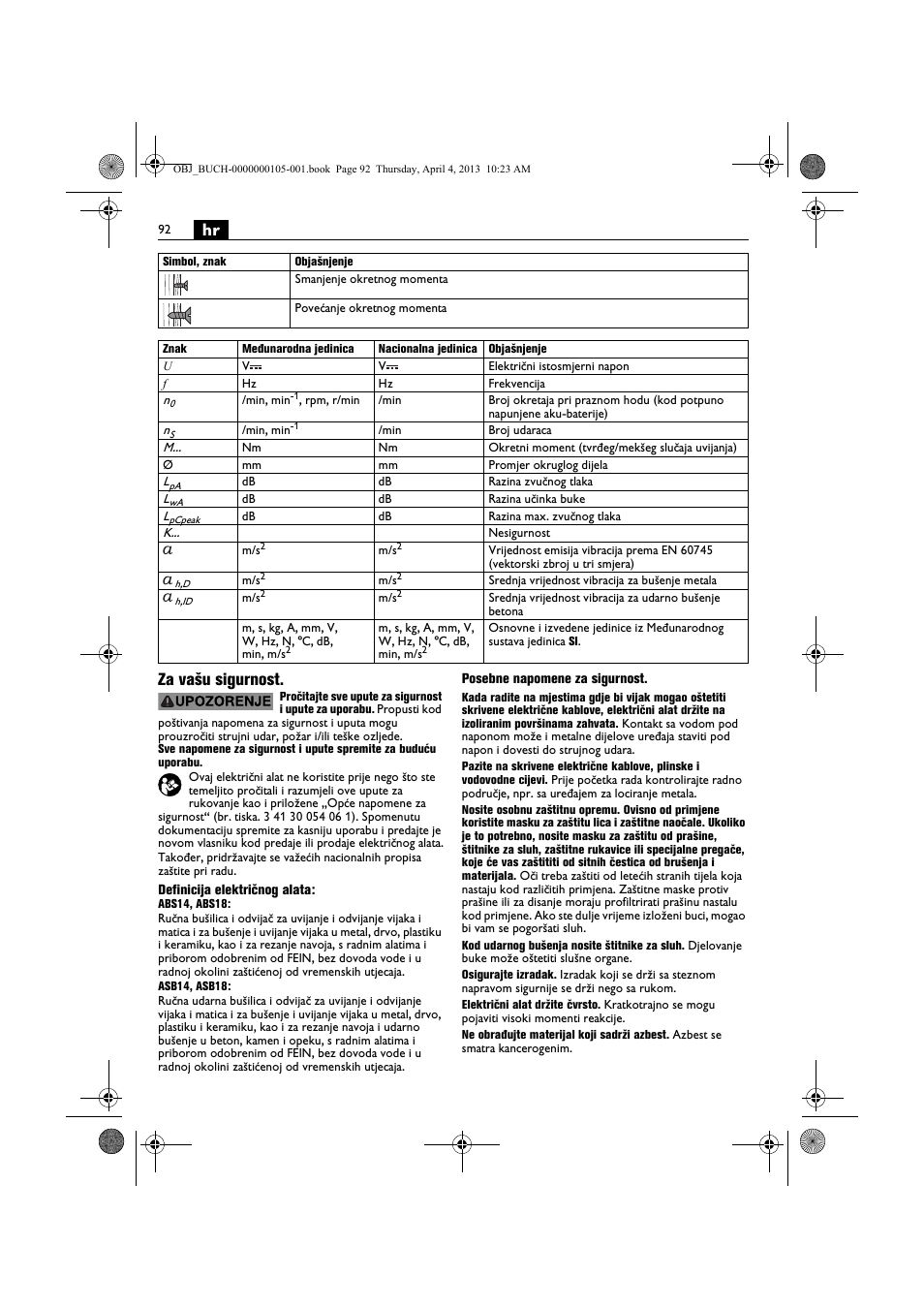 Hr za vašu sigurnost | Fein ABS_18C User Manual | Page 92 / 149