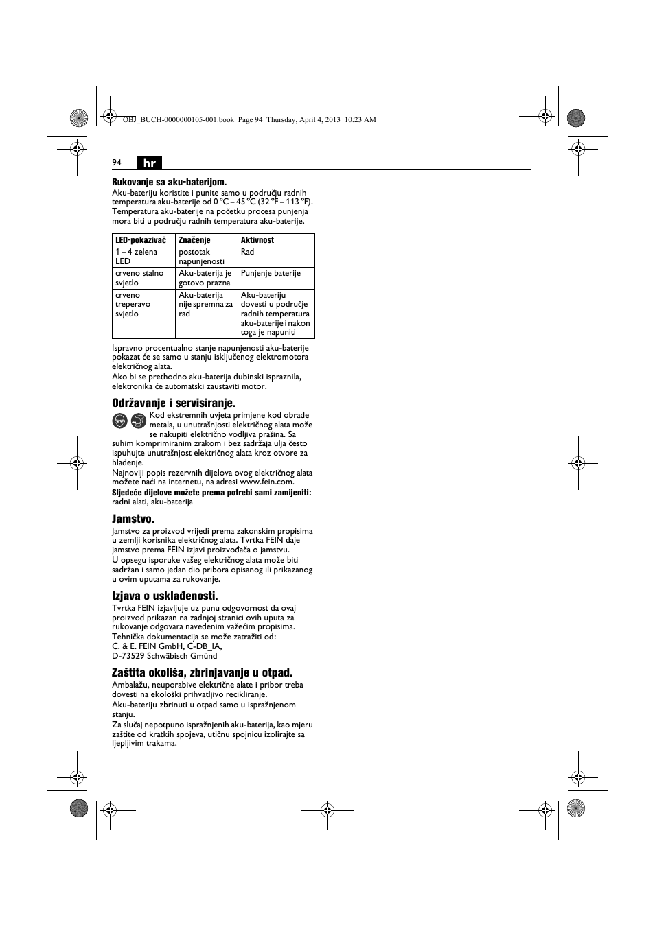 Održavanje i servisiranje, Jamstvo, Izjava o usklađenosti | Zaštita okoliša, zbrinjavanje u otpad | Fein ABS_18C User Manual | Page 94 / 149
