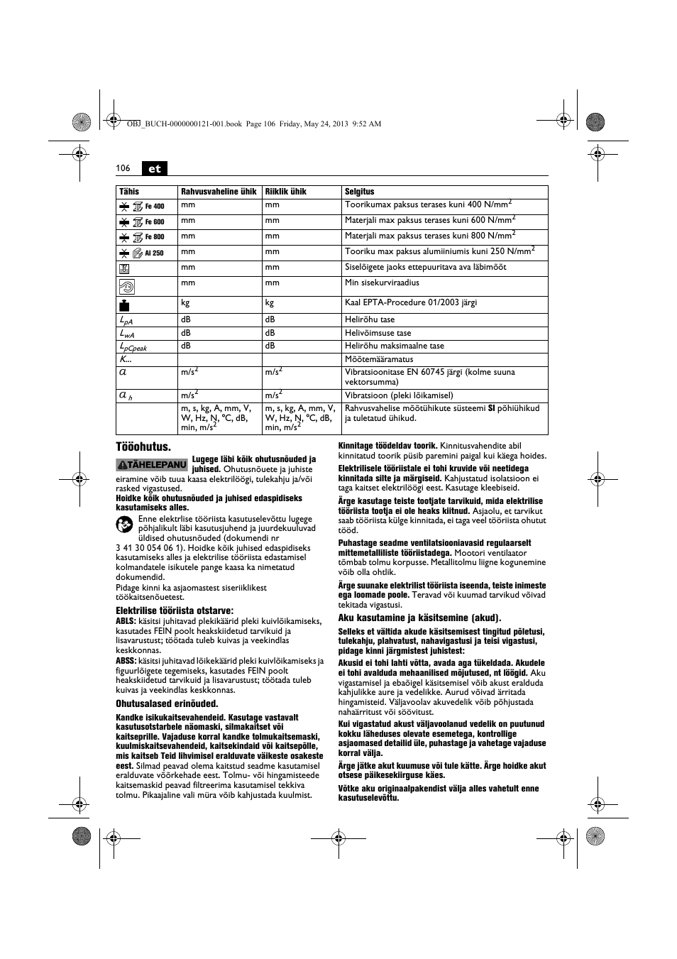 Et tööohutus | Fein ABSS 1.6E User Manual | Page 106 / 141
