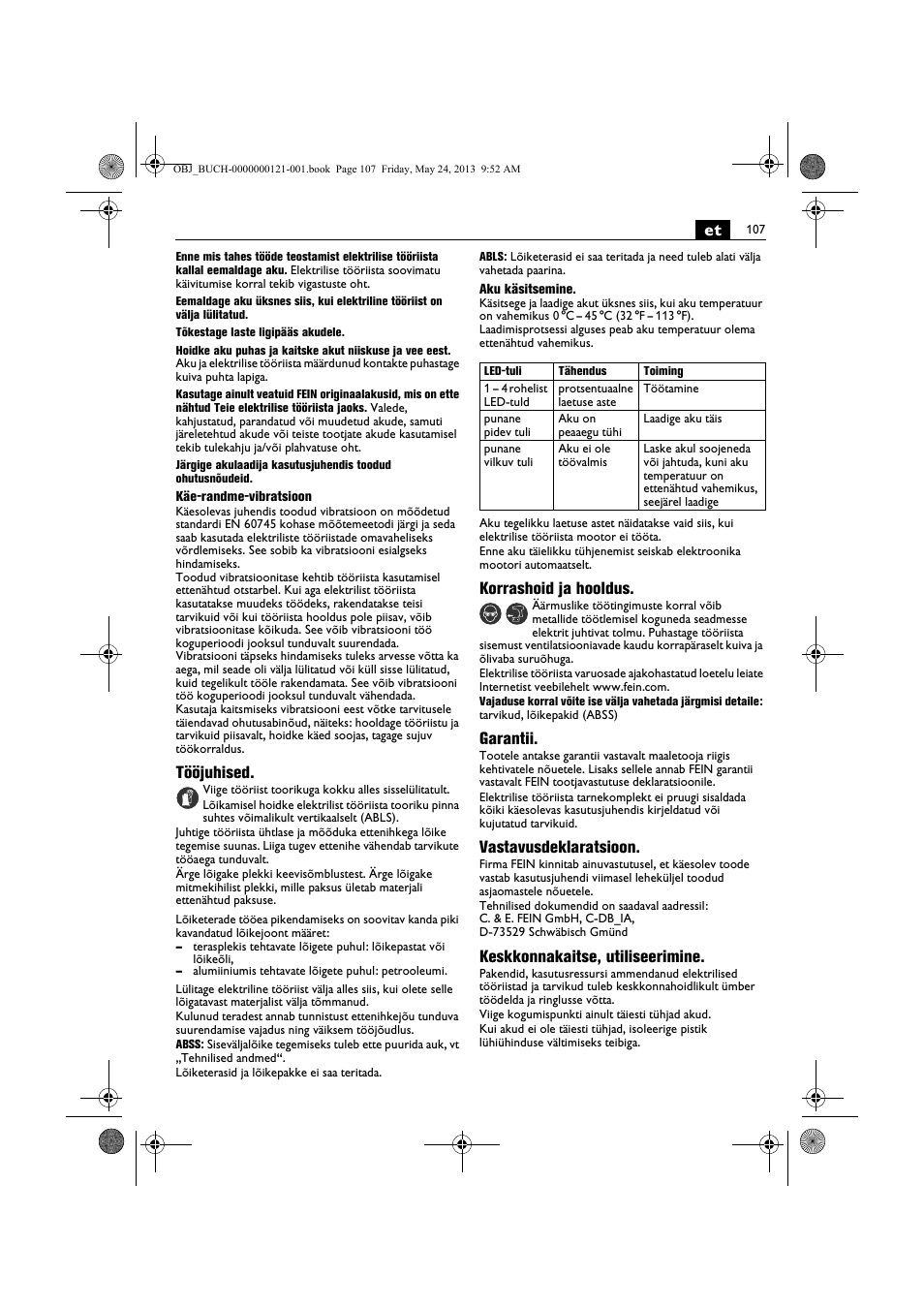 Tööjuhised, Korrashoid ja hooldus, Garantii | Vastavusdeklaratsioon, Keskkonnakaitse, utiliseerimine | Fein ABSS 1.6E User Manual | Page 107 / 141