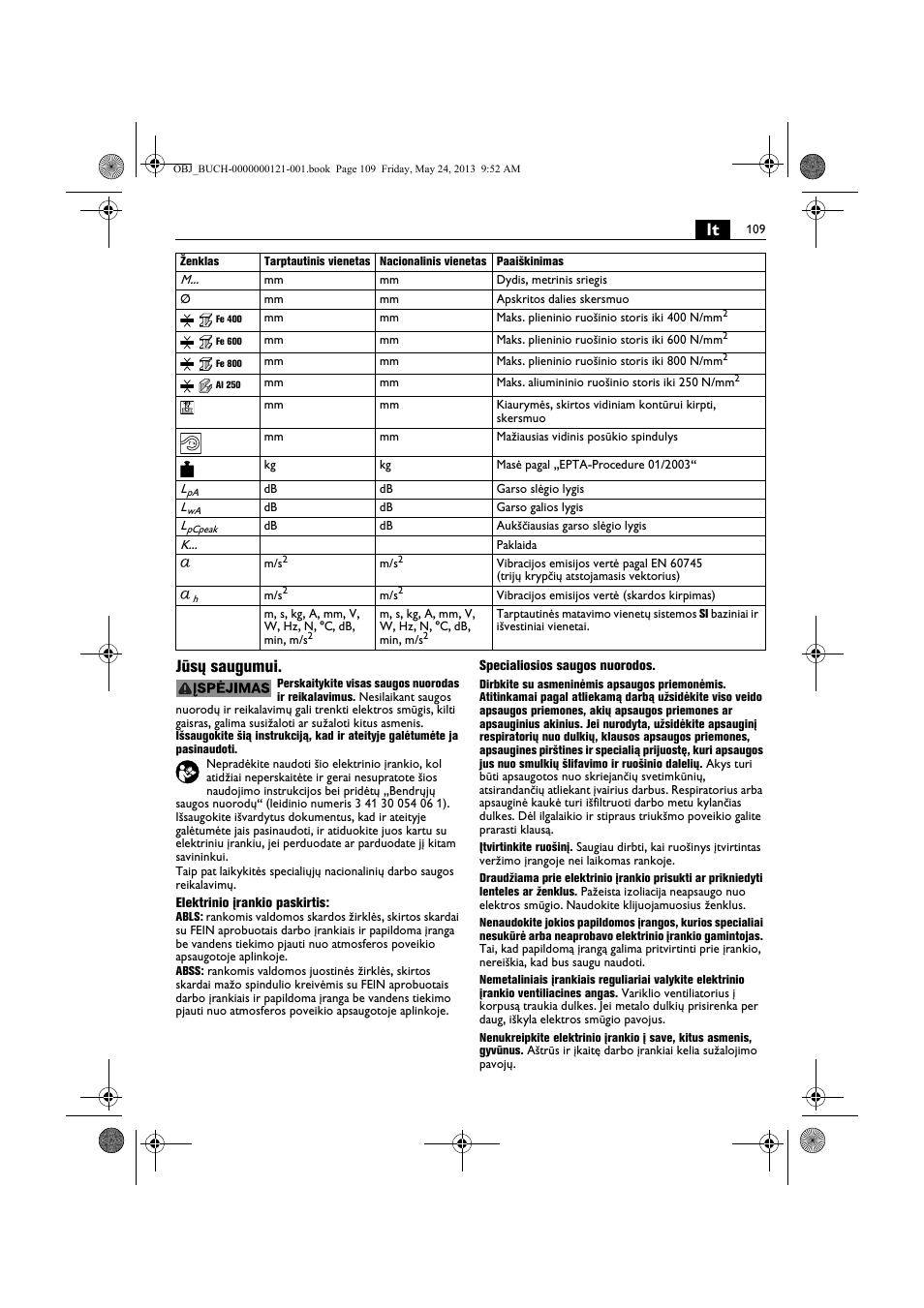 Lt jūsų saugumui | Fein ABSS 1.6E User Manual | Page 109 / 141