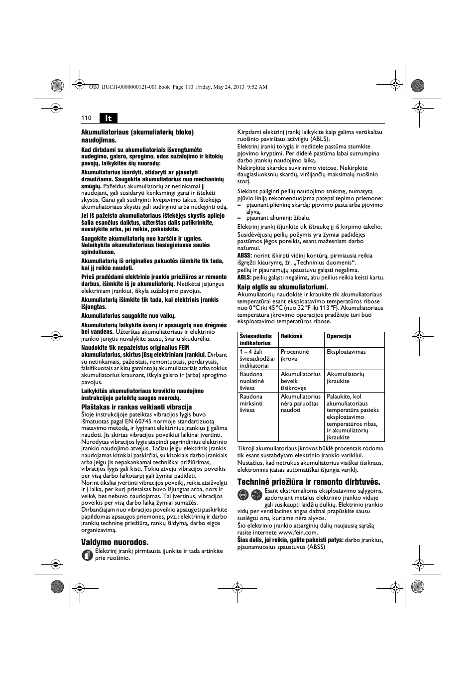 Valdymo nuorodos, Techninė priežiūra ir remonto dirbtuvės | Fein ABSS 1.6E User Manual | Page 110 / 141
