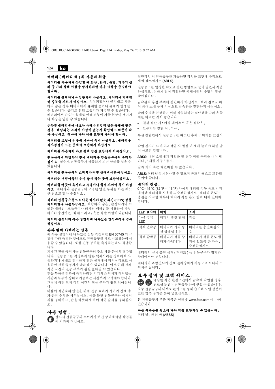 사용 방법, 보수 정비 및 고객 서비스 | Fein ABSS 1.6E User Manual | Page 124 / 141