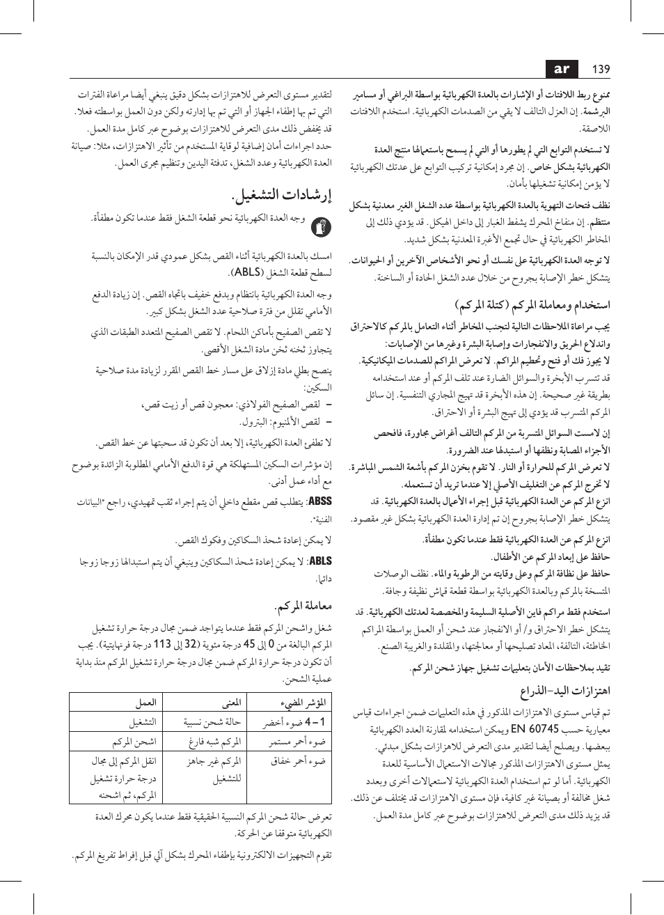 ليغشتلا تاداشرإ | Fein ABSS 1.6E User Manual | Page 139 / 141