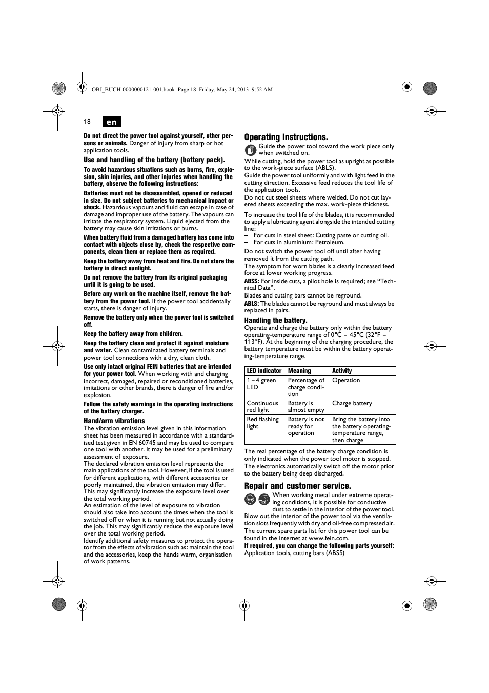 Operating instructions, Repair and customer service | Fein ABSS 1.6E User Manual | Page 18 / 141
