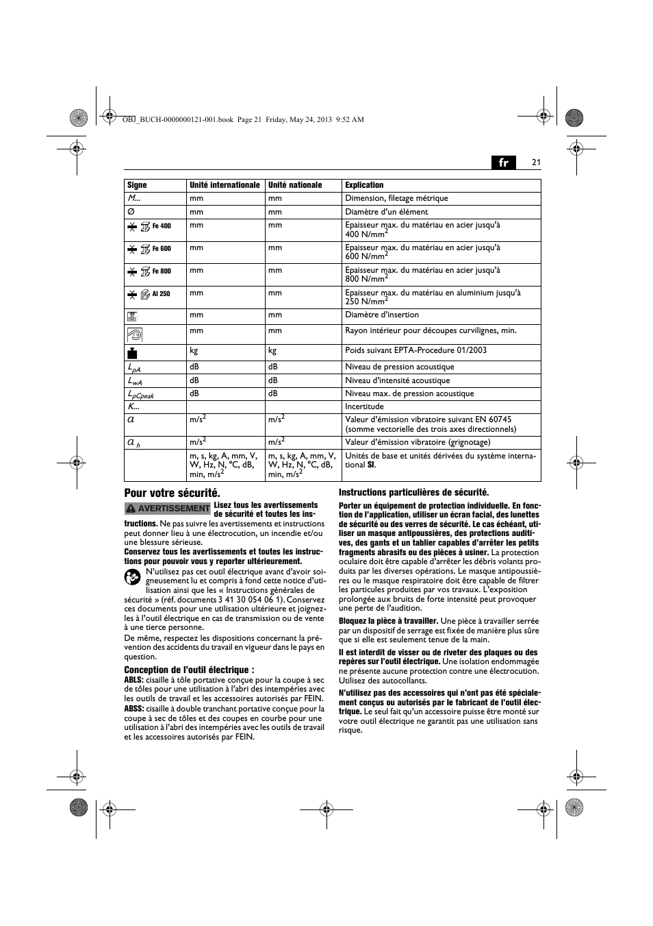 Fr pour votre sécurité | Fein ABSS 1.6E User Manual | Page 21 / 141