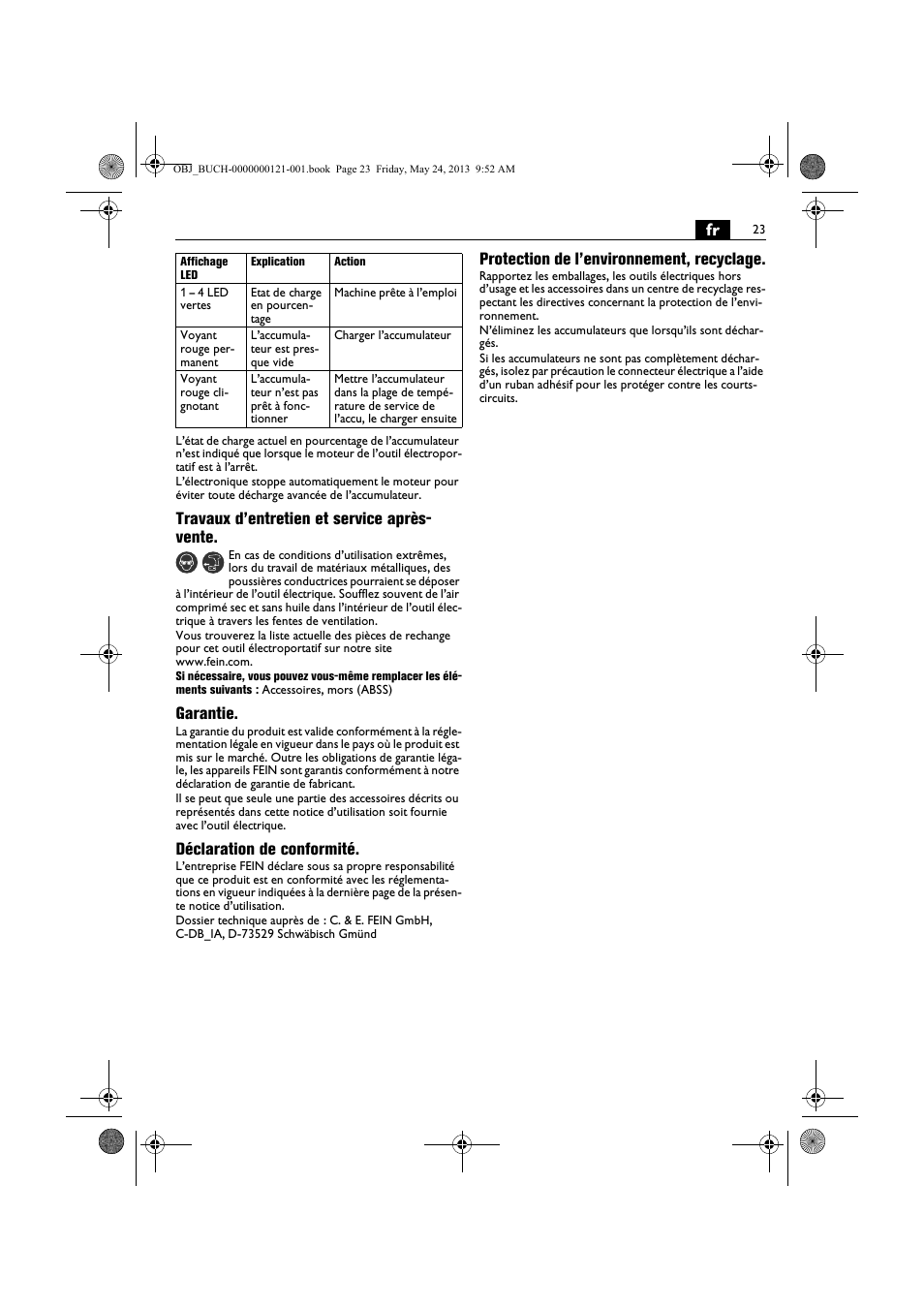 Travaux d’entretien et service après- vente, Garantie, Déclaration de conformité | Protection de l’environnement, recyclage | Fein ABSS 1.6E User Manual | Page 23 / 141