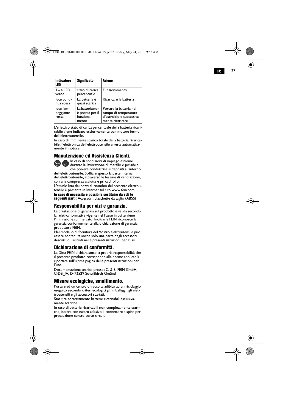 Manutenzione ed assistenza clienti, Responsabilità per vizi e garanzia, Dichiarazione di conformità | Misure ecologiche, smaltimento | Fein ABSS 1.6E User Manual | Page 27 / 141