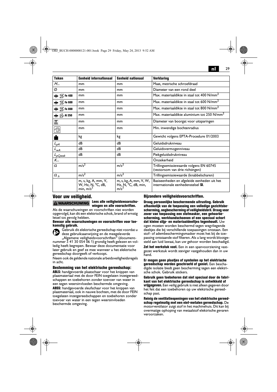 Nl voor uw veiligheid | Fein ABSS 1.6E User Manual | Page 29 / 141