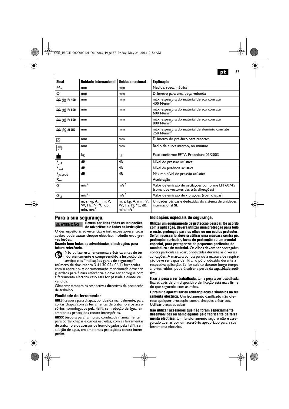Pt para a sua segurança | Fein ABSS 1.6E User Manual | Page 37 / 141