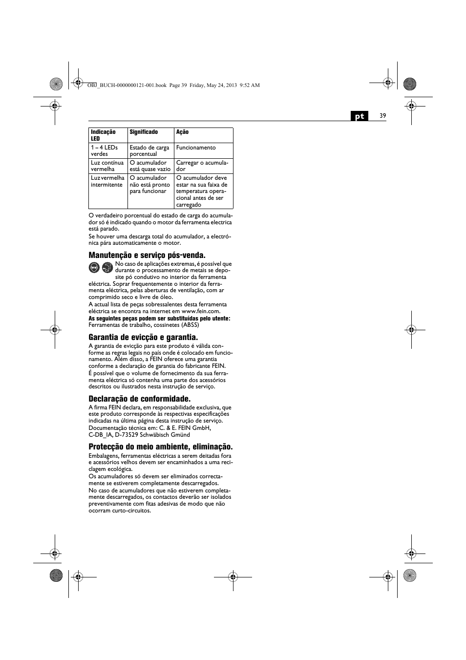 Manutenção e serviço pós-venda, Garantia de evicção e garantia, Declaração de conformidade | Protecção do meio ambiente, eliminação | Fein ABSS 1.6E User Manual | Page 39 / 141